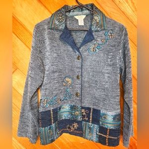 Teddi blue and turquoise floral embroidered soft lightweight jacket petite small
